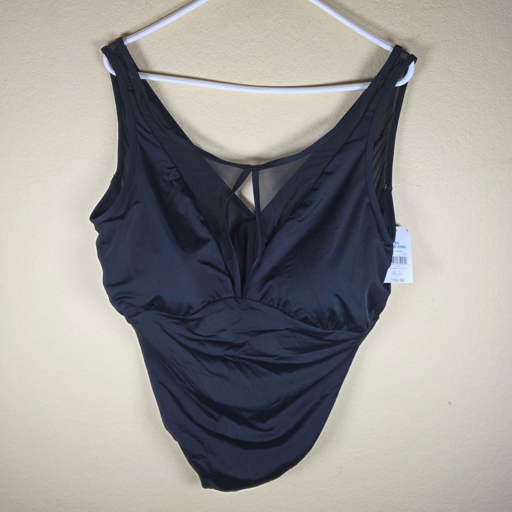 Time and‎ Tru Womens Black Mesh Inset Ruched One Piece Swimsuit 2X 20W-22W NEW